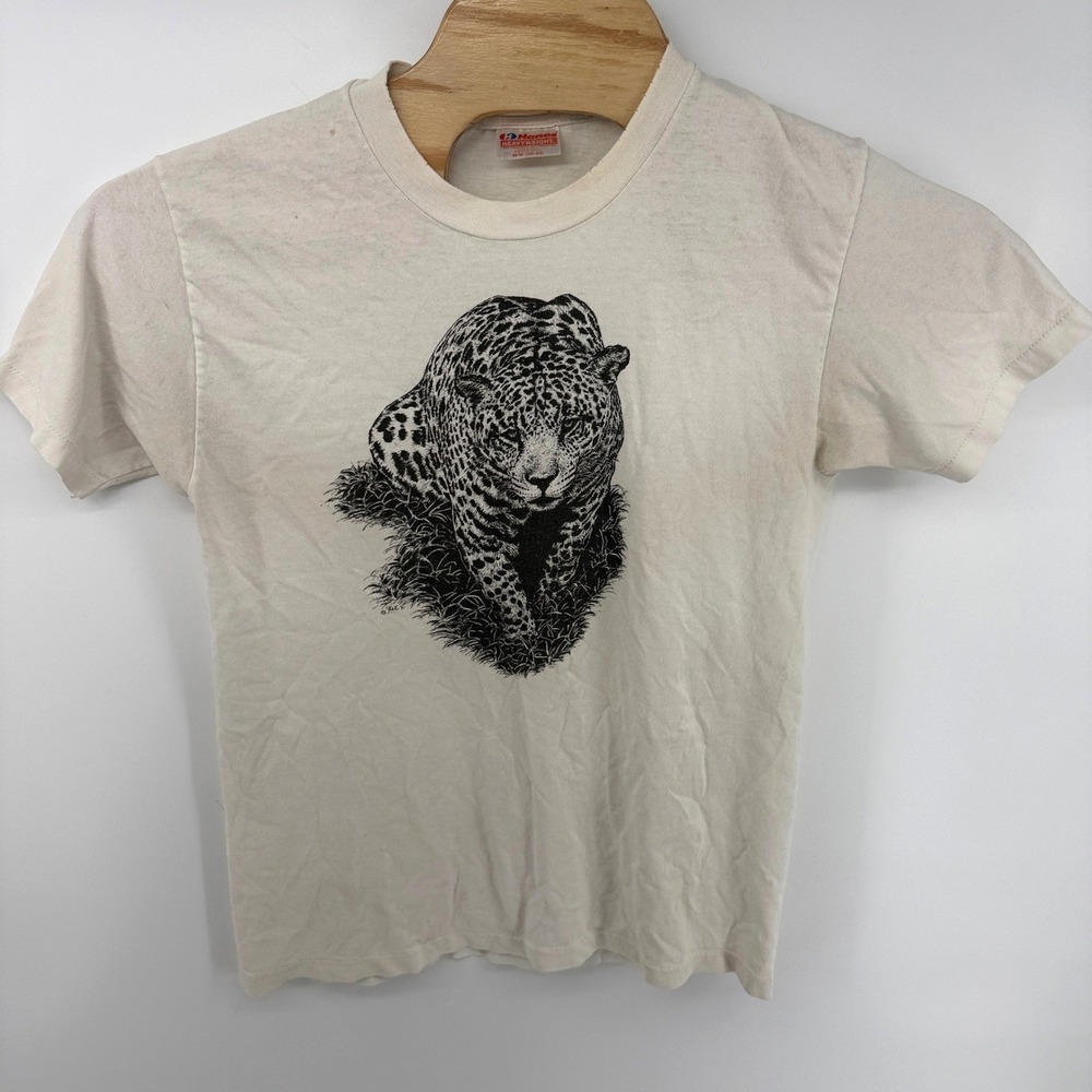 Vintage 1991 Hanes Heavyweight Leopard Graphic T-Shirt Cream Men Medium USA Made